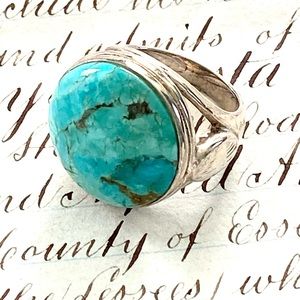 Gorgeous Sterling Silver Large Turquoise Stone Ring Size 6-6 1/2 Thailand 925